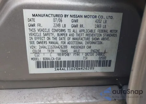 2006 Nissan Altima 2.5 S из США, поврежденный, VIN 1N4AL11D26N426289